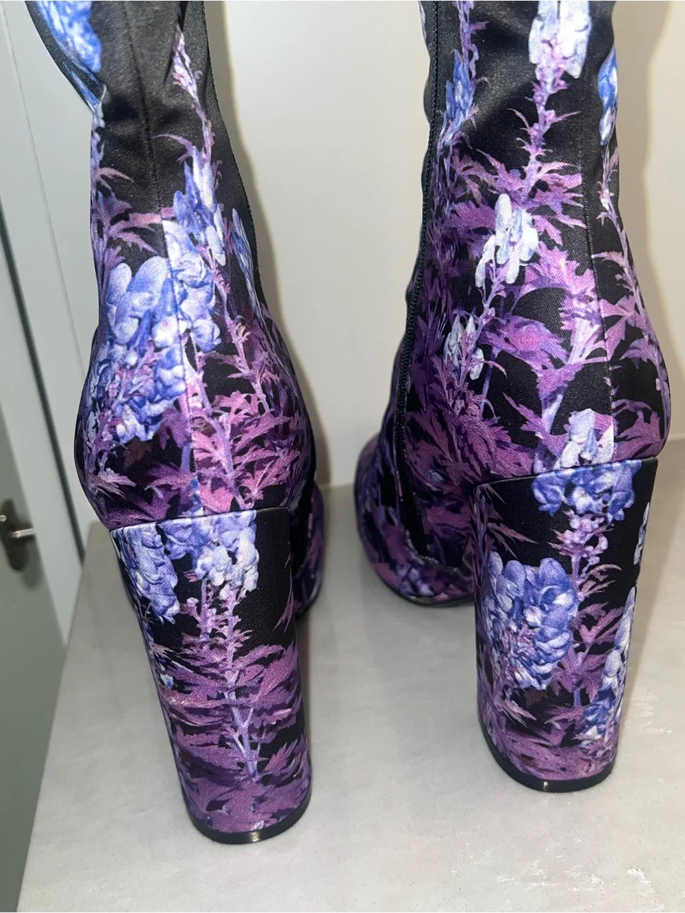 Dries Van Noten Black & Purple Floral Block-Heel Ankle Boots-LIKE NEW
